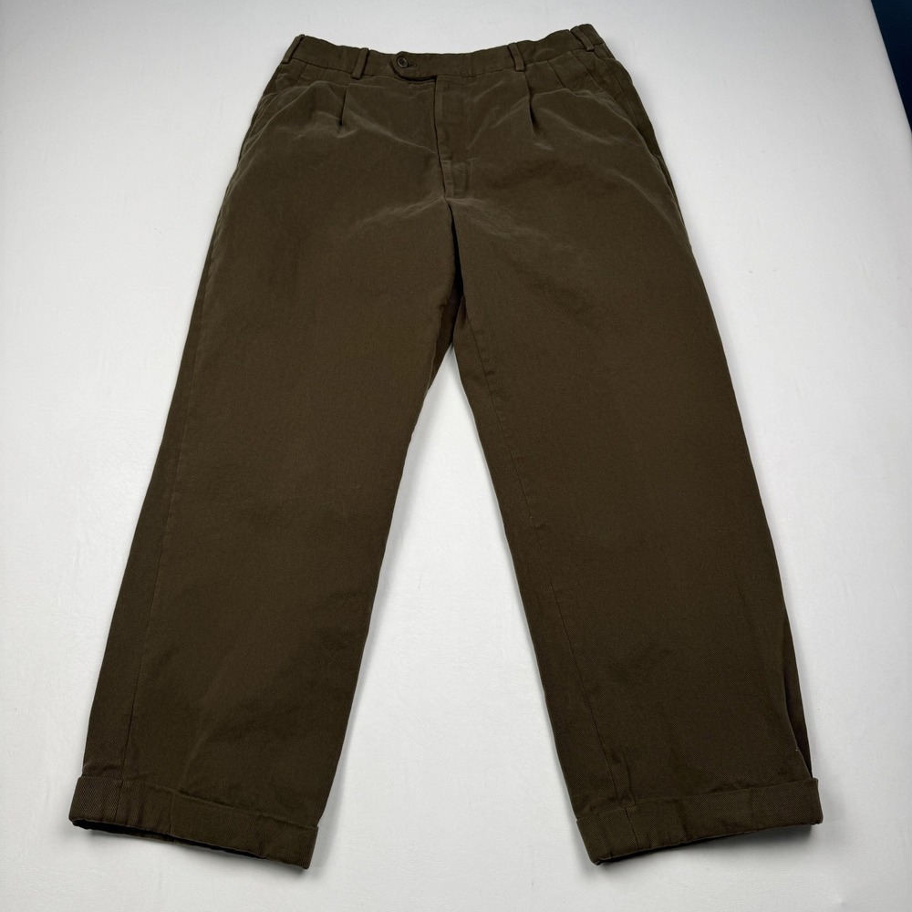 Belvest Dress Pants Mens 32x27 Brown Cotton Pleated Classic Fit Cuffed Italy